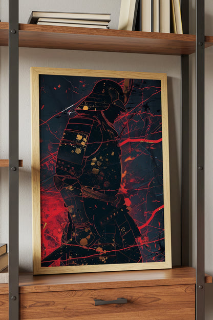 Crimson Line Samurai Armor Poster - Abstract Gold Print | Samurai Legacy