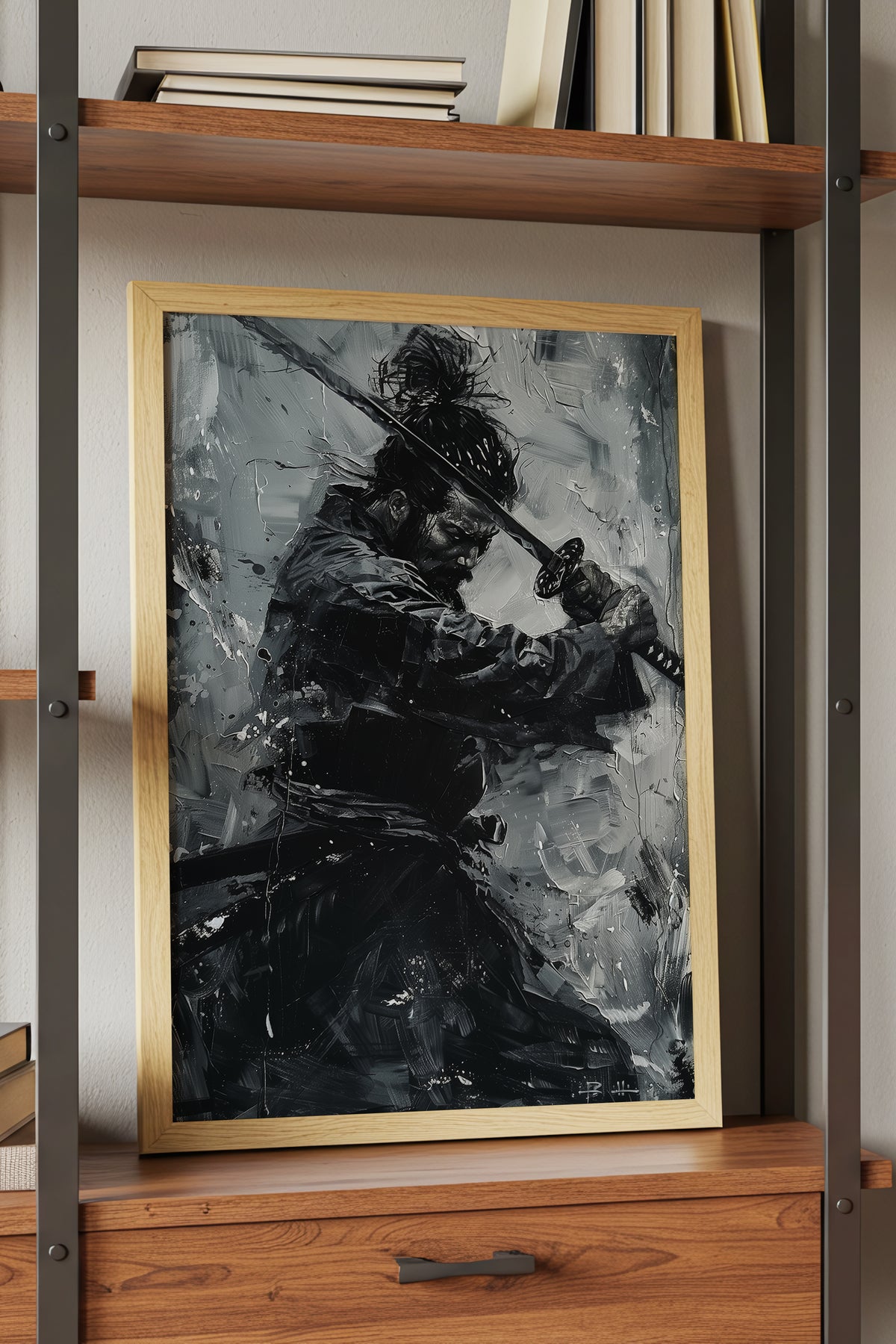 Monochromatic Katana Samurai Poster - Impasto Art Print | Samurai Legacy