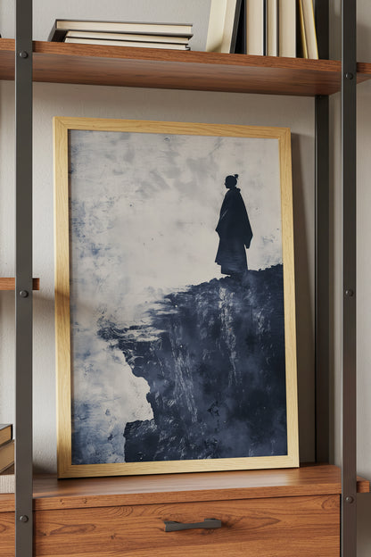 Cliffside Samurai Print - Slate Blue Ink Wash Poster | Samurai Legacy