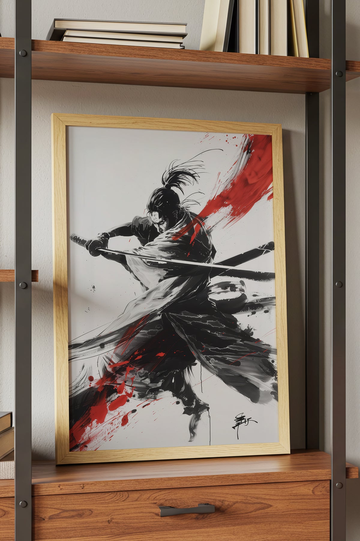 Crimson Arc Samurai Katana Print - Ink Wash Poster | Samurai Legacy