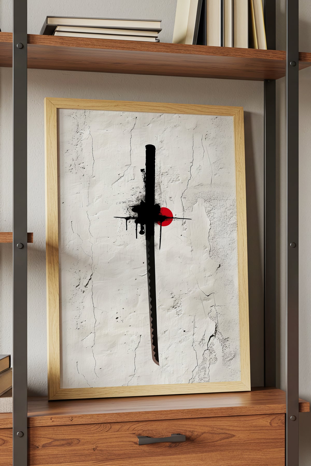 Katana Sword Red Sun Wall Art - Minimalist Ink Poster | Samurai Legacy