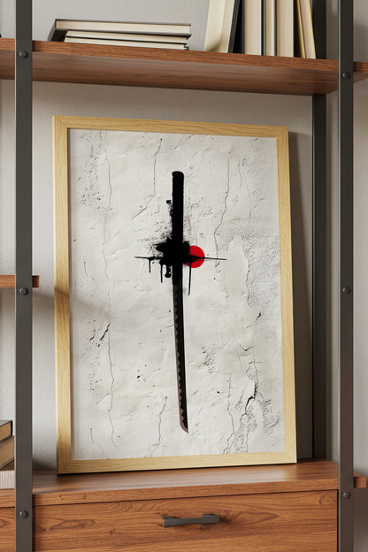 Katana Sword Red Sun Wall Art - Minimalist Ink Poster | Samurai Legacy