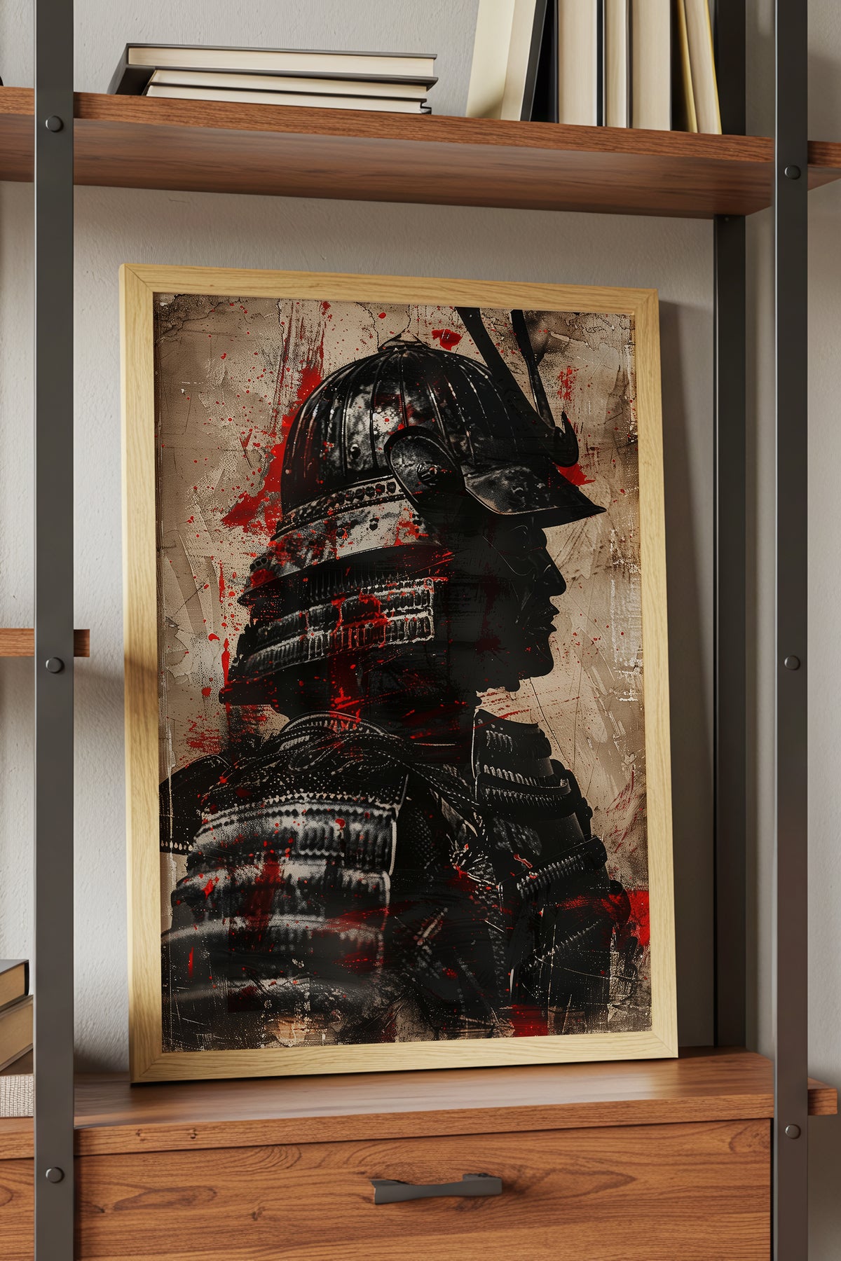 Crimson Splatter Kabuto Samurai Print - Vintage Art | Samurai Legacy
