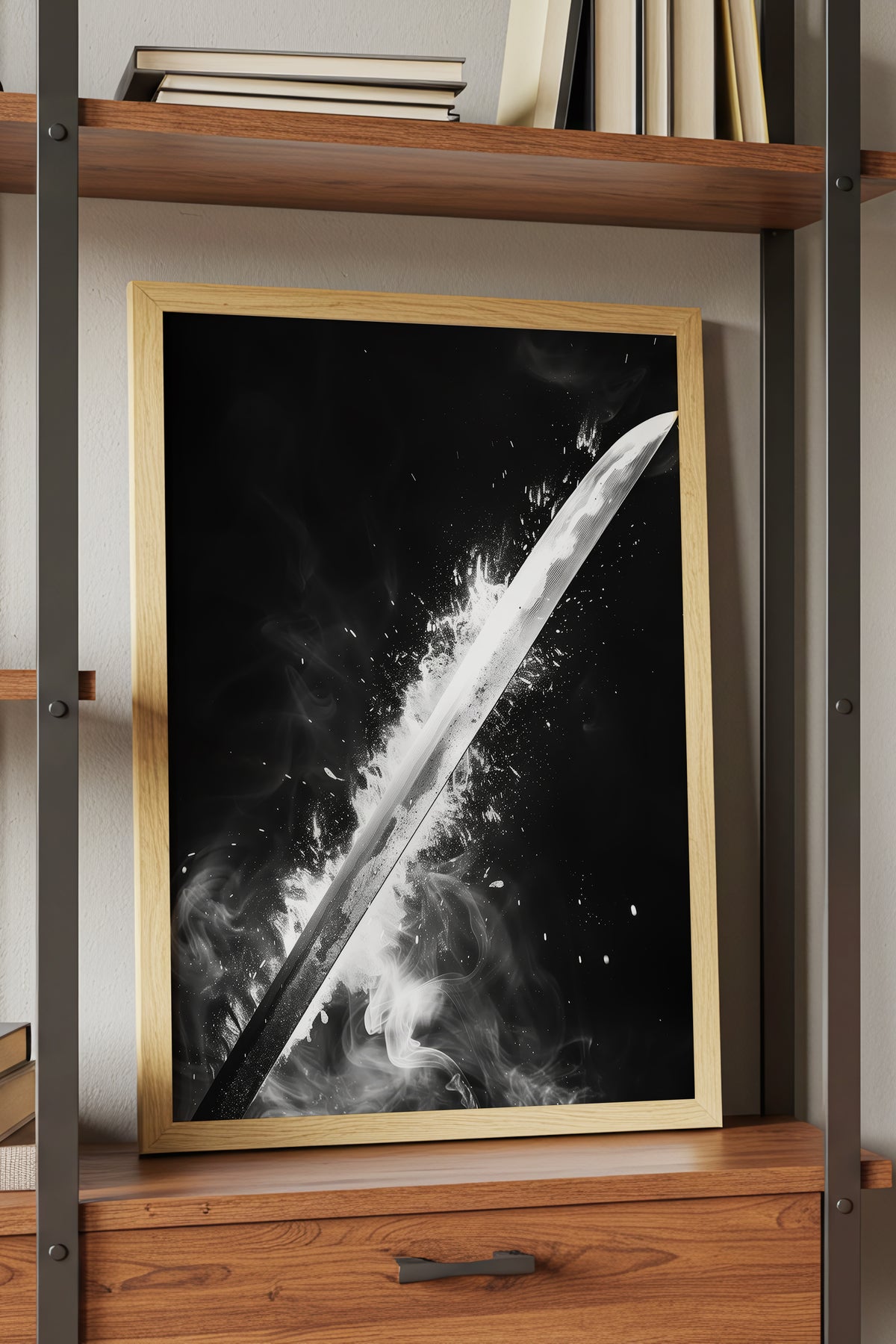 Glowing Katana Blade Print - Monochromatic Smoke Poster | Samurai Legacy