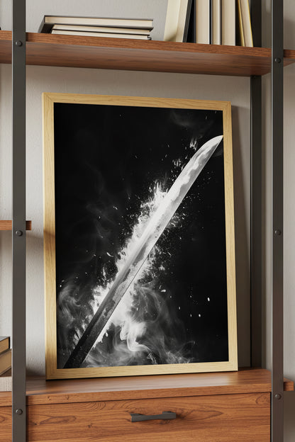 Glowing Katana Blade Print - Monochromatic Smoke Poster | Samurai Legacy