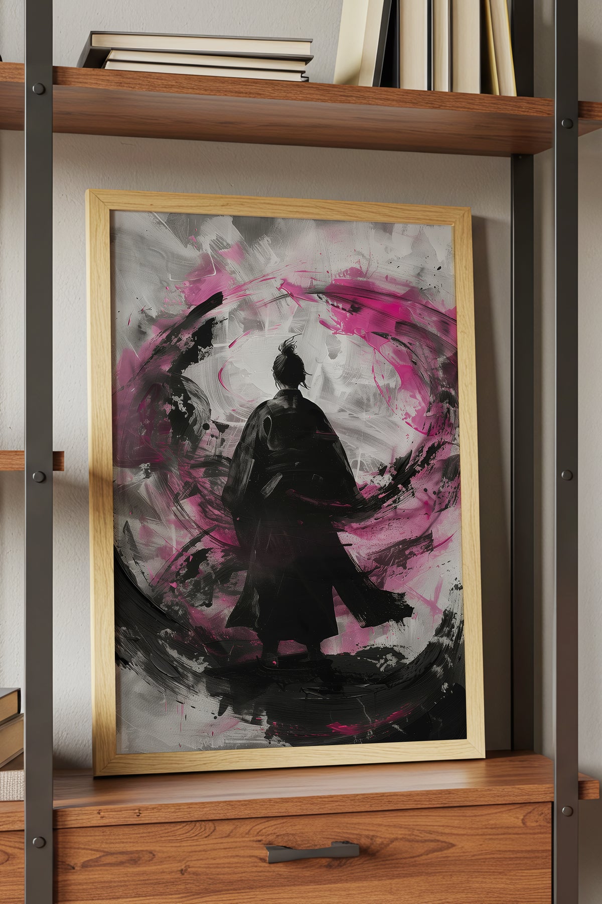 Silent Focus Lone Samurai Print - Expressionist Pink Ink Art | Samurai Legacy