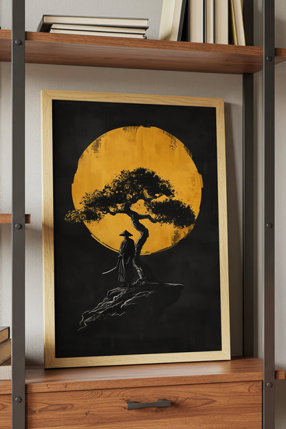 Lone Moonlit Samurai Bonsai Print - Abstract Gold & Black Zen Landscape | Samurai Legacy
