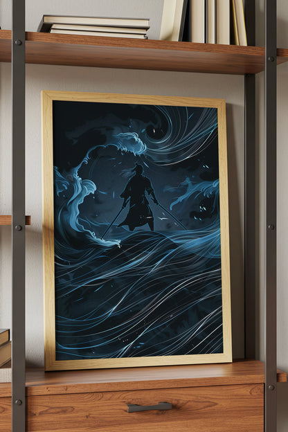 Lone Samurai Blue Ocean Print - Abstract Wave Art | Samurai Legacy