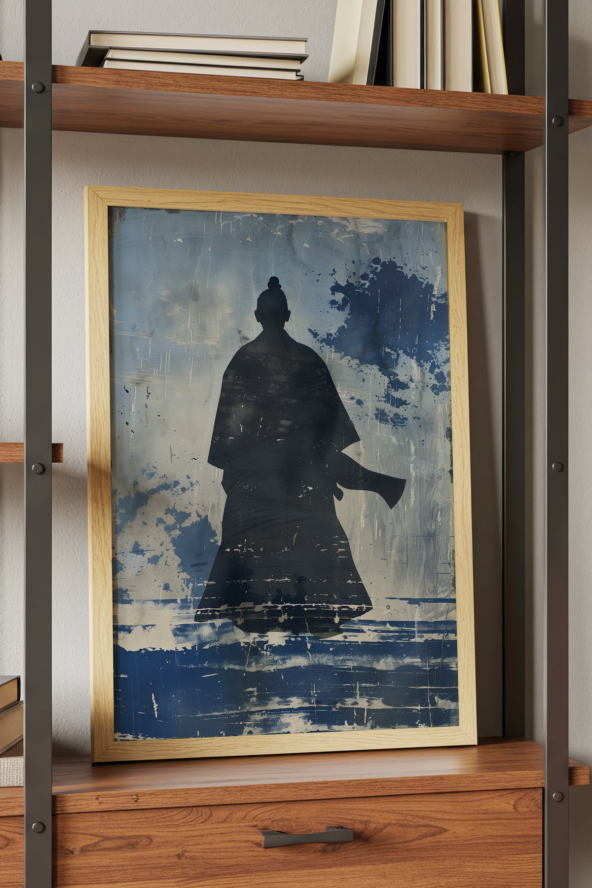 Lone Samurai Silhouette Print - Blue Ink Wabi-Sabi Art | Samurai Legacy