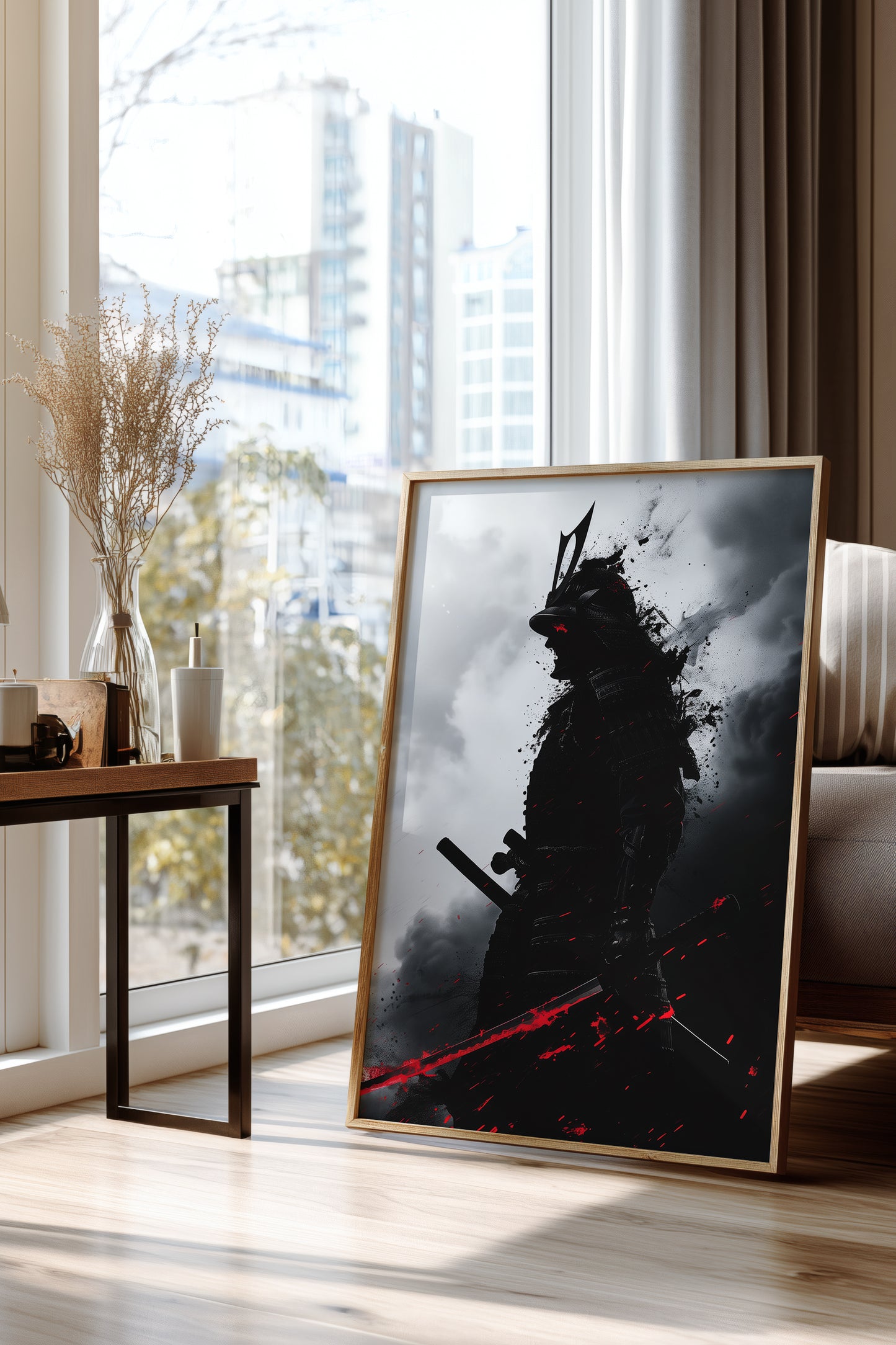 Crimson Blade Samurai Print - Dark Monochrome Poster | Samurai Legacy