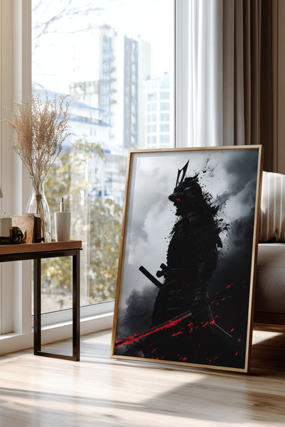 Crimson Blade Samurai Print - Dark Monochrome Poster | Samurai Legacy