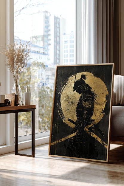 Gold Leaf Dual Katana Samurai Print - Obsidian Art | Samurai Legacy
