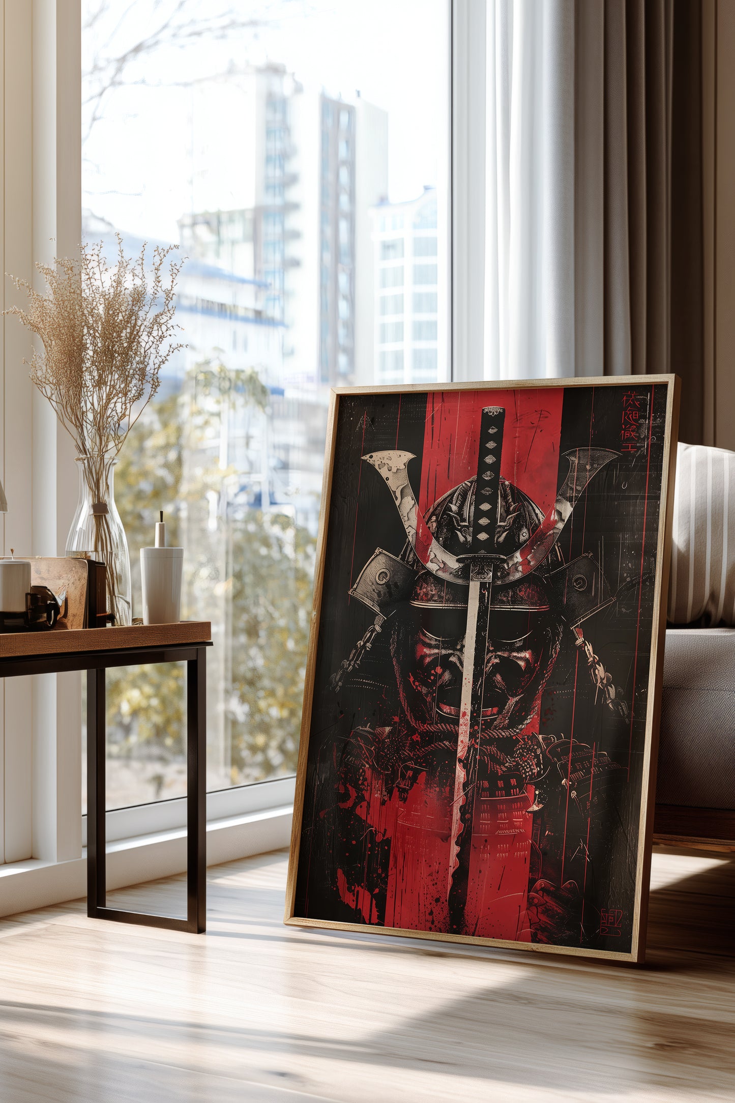 Crimson Katana Kabuto Poster - Graphic Samurai Print | Samurai Legacy