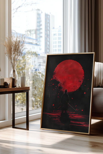 Crimson Moon Samurai Wall Art - Dark Minimalist Poster | Samurai Legacy