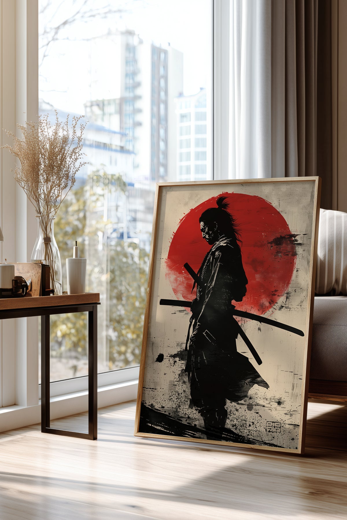 Red Sun Samurai Art Print - Vintage Sumi Ink Poster | Samurai Legacy