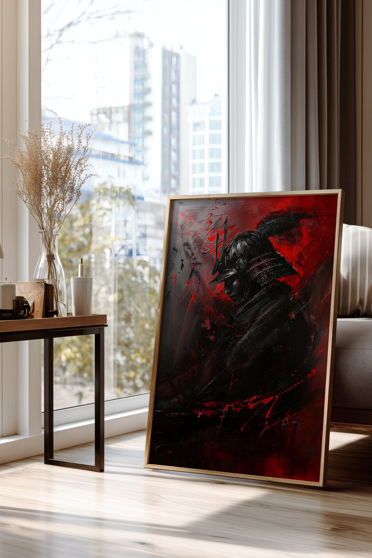 Crimson Samurai Helmet Profile Print - Dark Impasto Art | Samurai Legacy