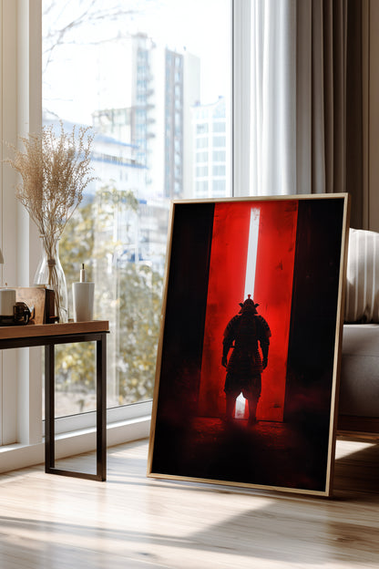 Red Portal Samurai Armor Print - Minimal Light Beam Art | Samurai Legacy