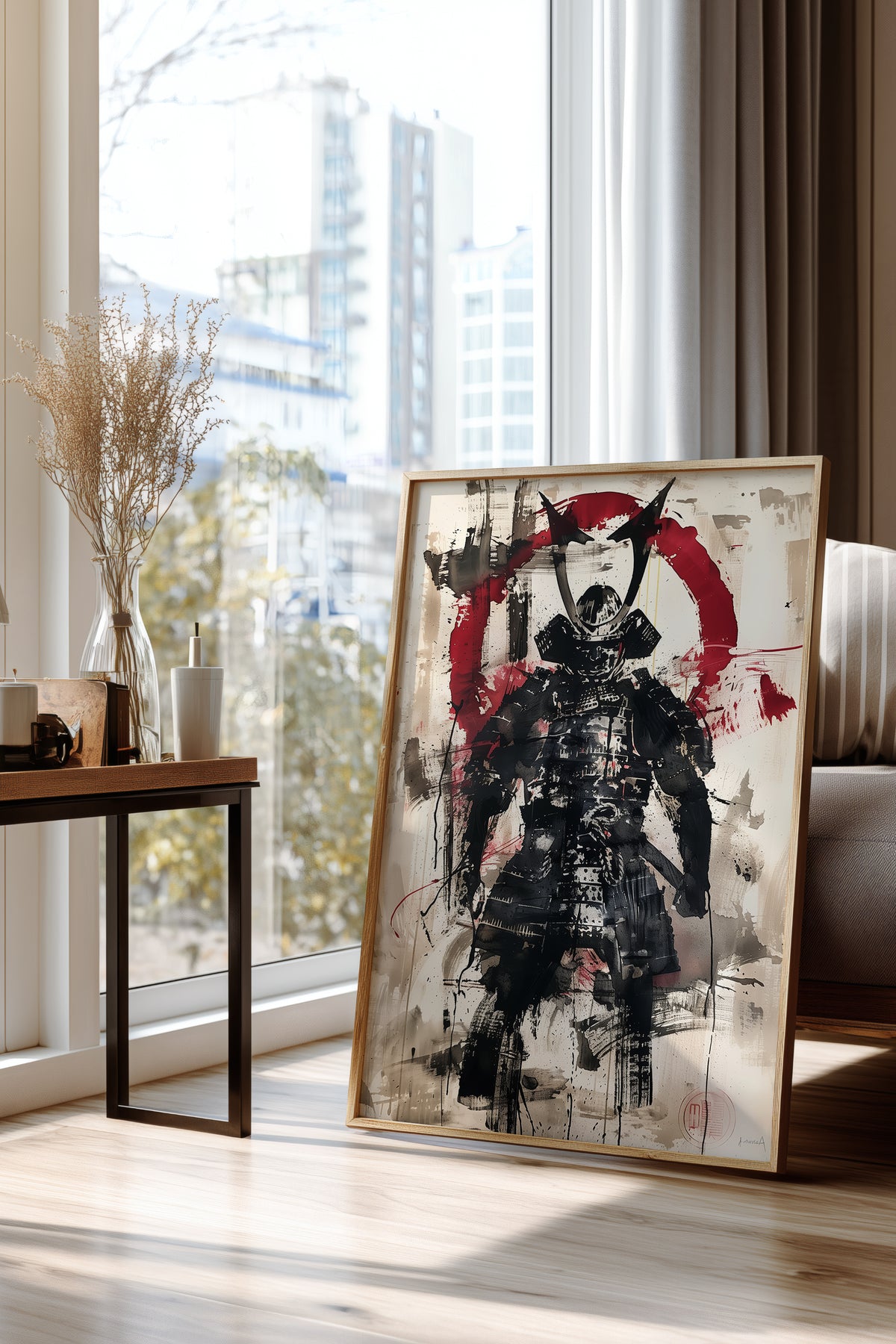 Red Enso Samurai Armor Print - Sumi Ink Wash Poster | Samurai Legacy