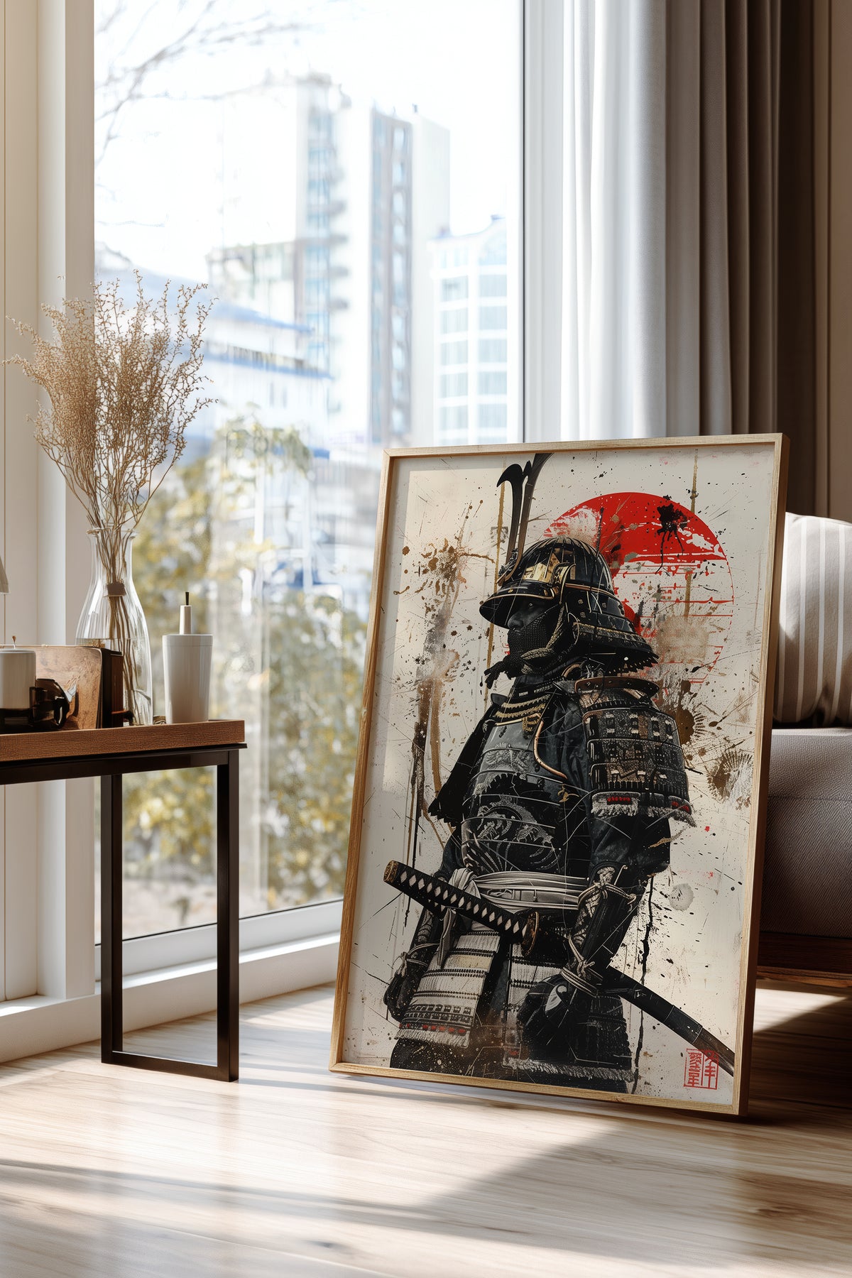 Red Sun Samurai Armor Print - Gold Splatter Wash Art | Samurai Legacy