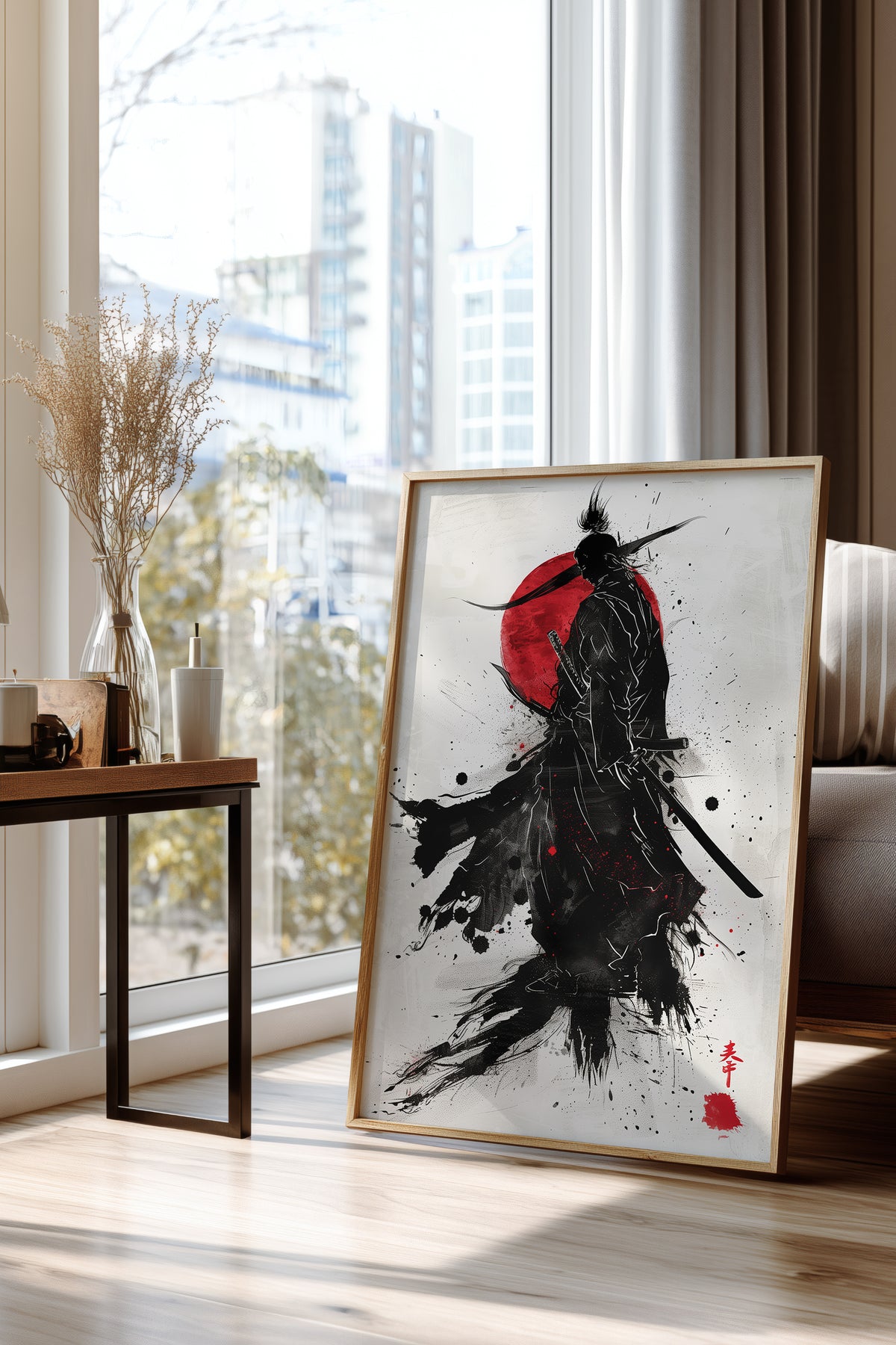 Crimson Sun Samurai Print - Dynamic Sumi Ink Poster | Samurai Legacy