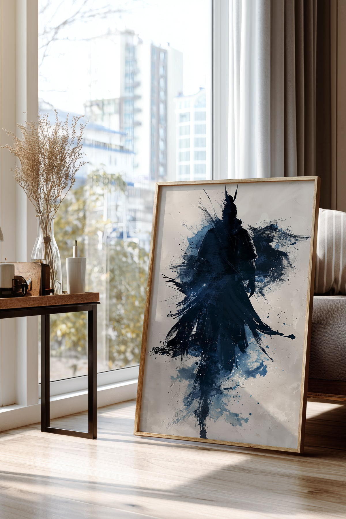 Indigo Splatter Samurai Print - Sumi Ink Wash Poster | Samurai Legacy
