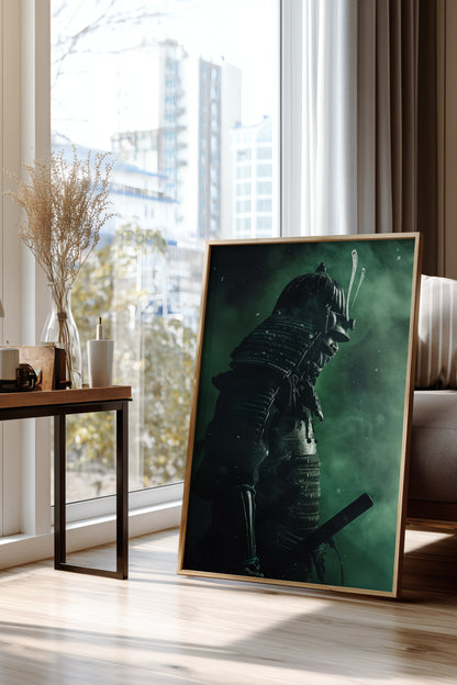 Emerald Shadow Samurai Print - Jade Mist Shogun Poster | Samurai Legacy