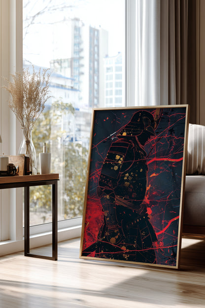 Crimson Line Samurai Armor Poster - Abstract Gold Print | Samurai Legacy
