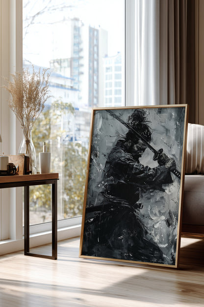 Monochromatic Katana Samurai Poster - Impasto Art Print | Samurai Legacy