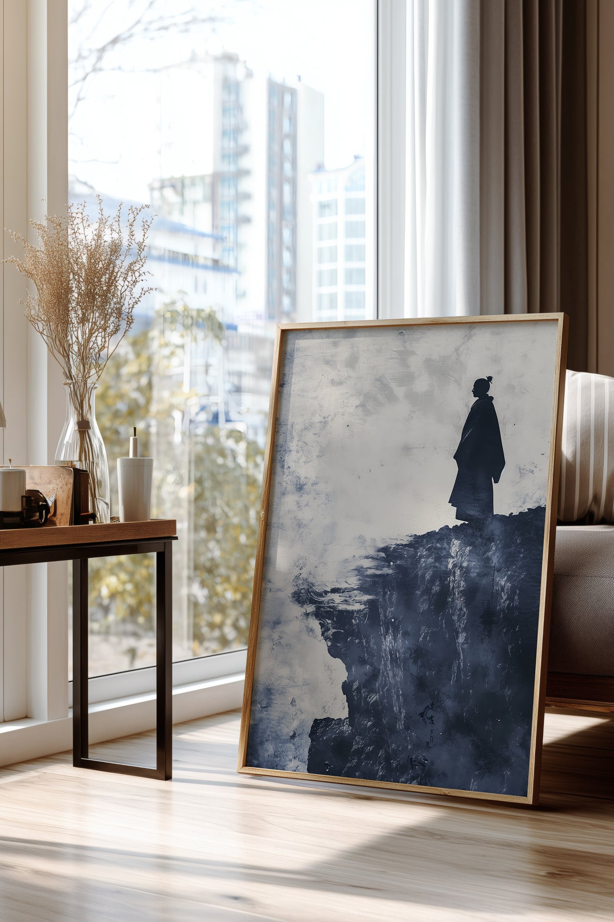 Cliffside Samurai Print - Slate Blue Ink Wash Poster | Samurai Legacy