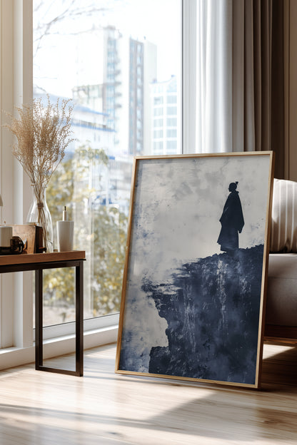 Cliffside Samurai Print - Slate Blue Ink Wash Poster | Samurai Legacy