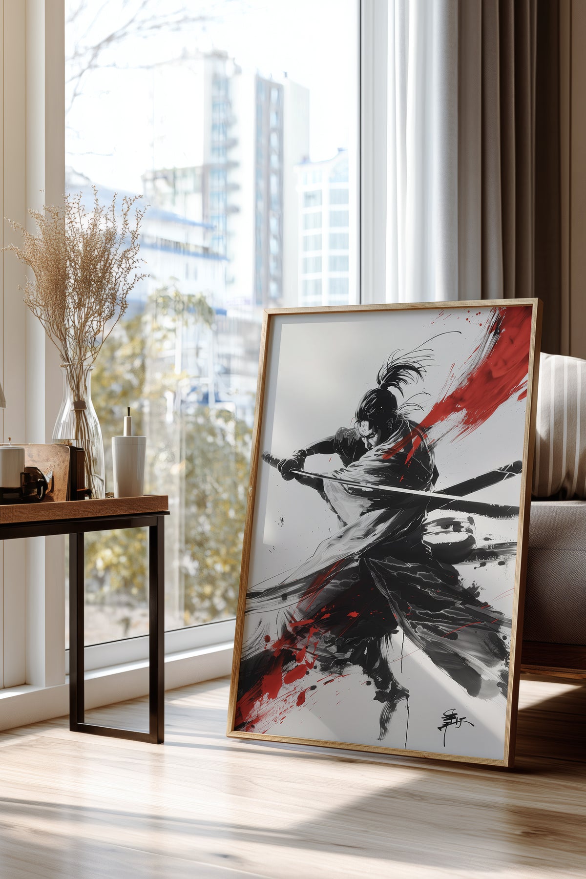 Crimson Arc Samurai Katana Print - Ink Wash Poster | Samurai Legacy