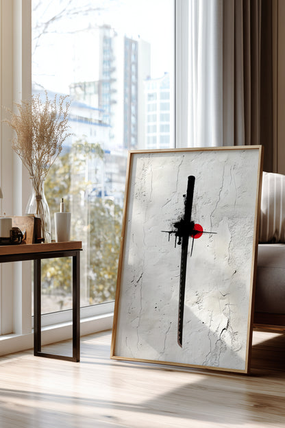 Katana Sword Red Sun Wall Art - Minimalist Ink Poster | Samurai Legacy