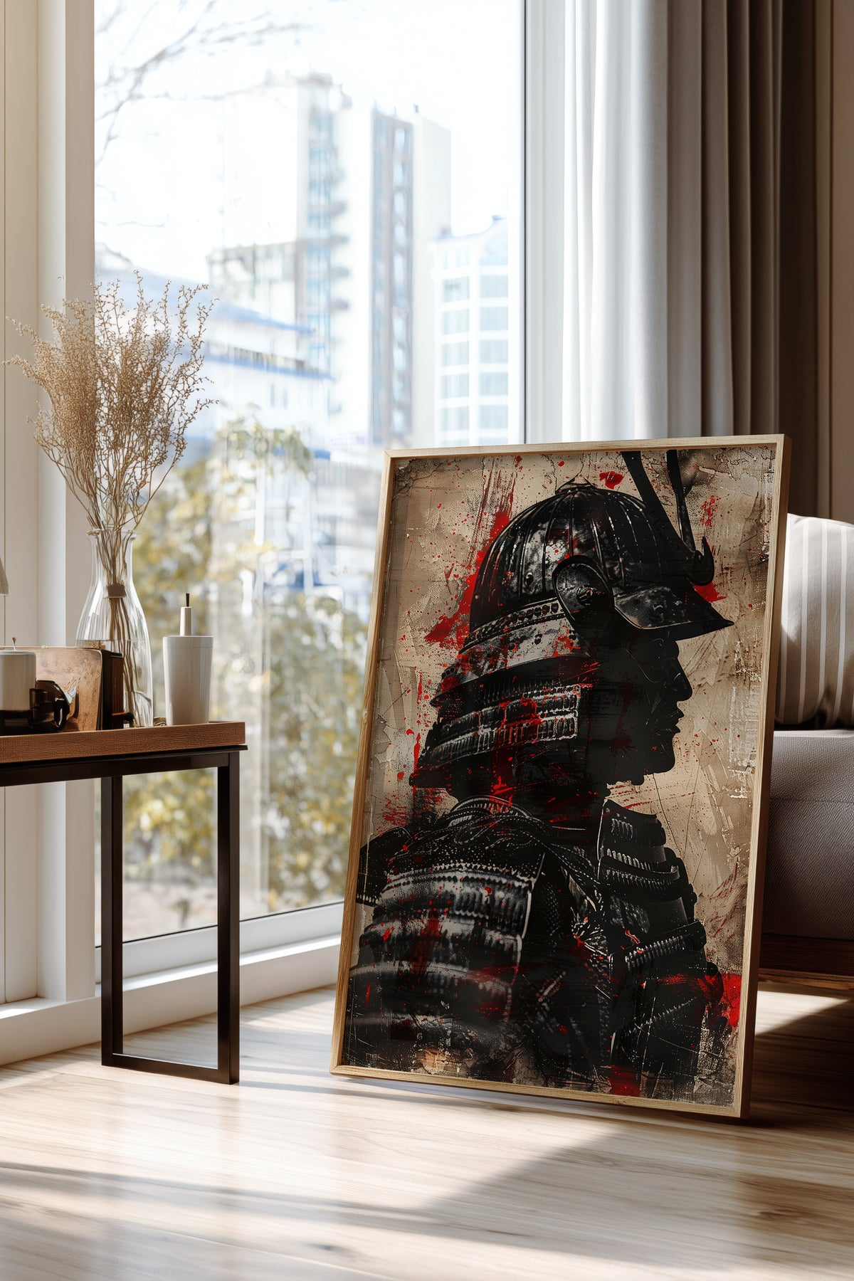 Crimson Splatter Kabuto Samurai Print - Vintage Art | Samurai Legacy