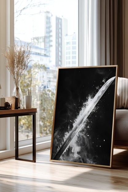 Glowing Katana Blade Print - Monochromatic Smoke Poster | Samurai Legacy