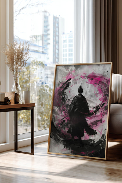 Silent Focus Lone Samurai Print - Expressionist Pink Ink Art | Samurai Legacy