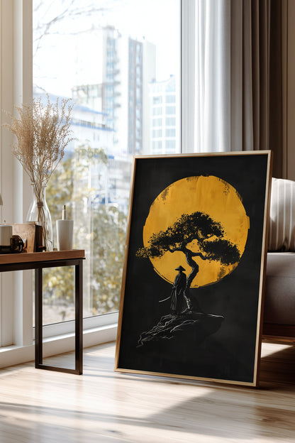 Lone Moonlit Samurai Bonsai Print - Abstract Gold & Black Zen Landscape | Samurai Legacy