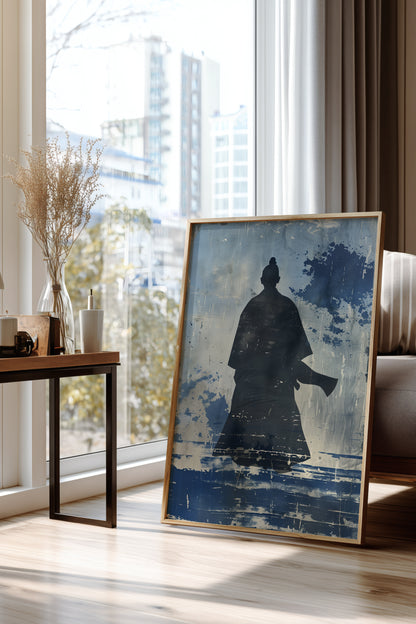 Lone Samurai Silhouette Print - Blue Ink Wabi-Sabi Art | Samurai Legacy