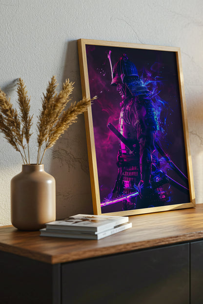 Cyber Neon Samurai Wall Art - Violet Blue Shogun Poster | Samurai Legacy
