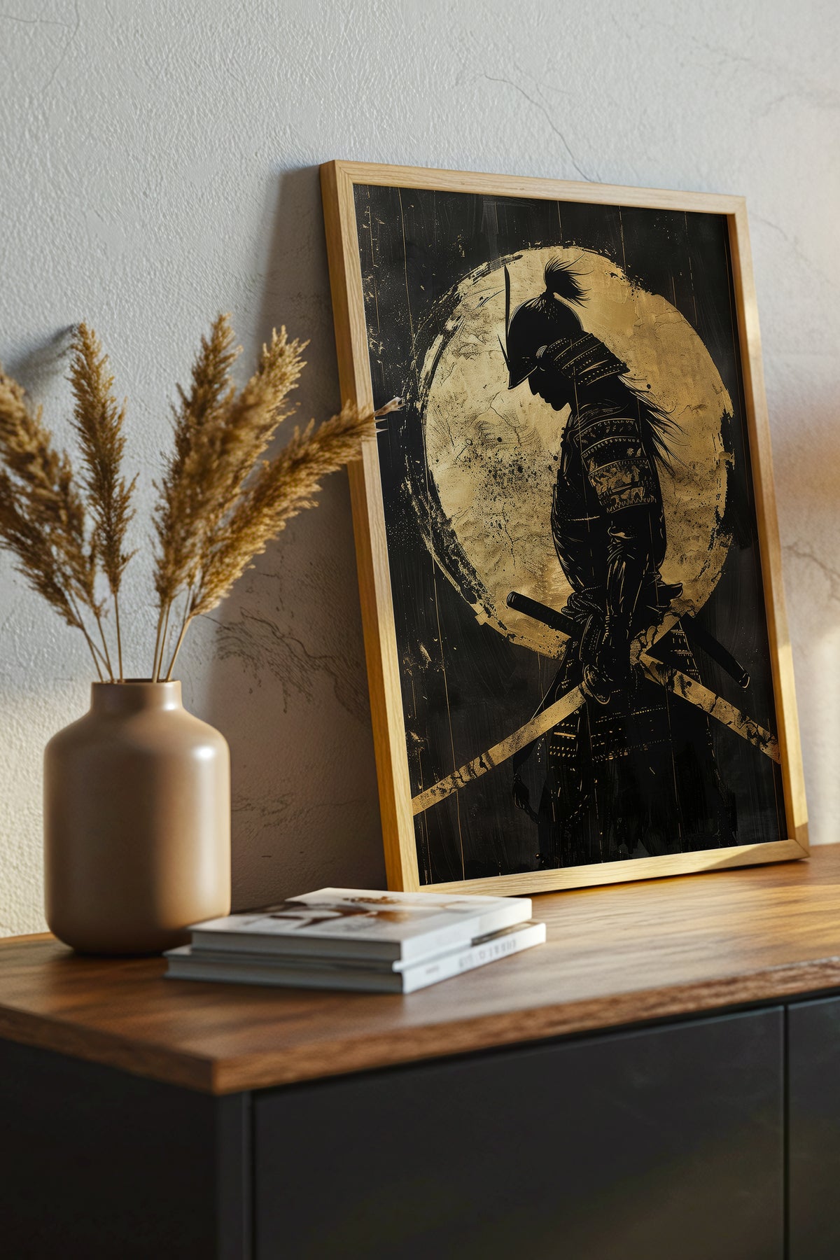 Gold Leaf Dual Katana Samurai Print - Obsidian Art | Samurai Legacy