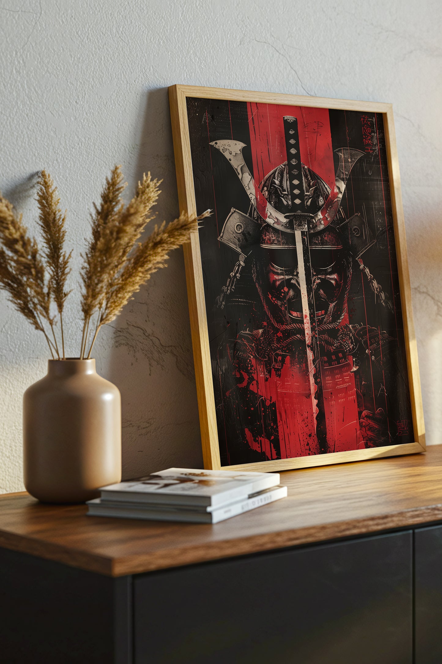 Crimson Katana Kabuto Poster - Graphic Samurai Print | Samurai Legacy