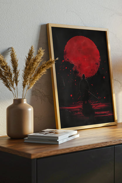 Crimson Moon Samurai Wall Art - Dark Minimalist Poster | Samurai Legacy