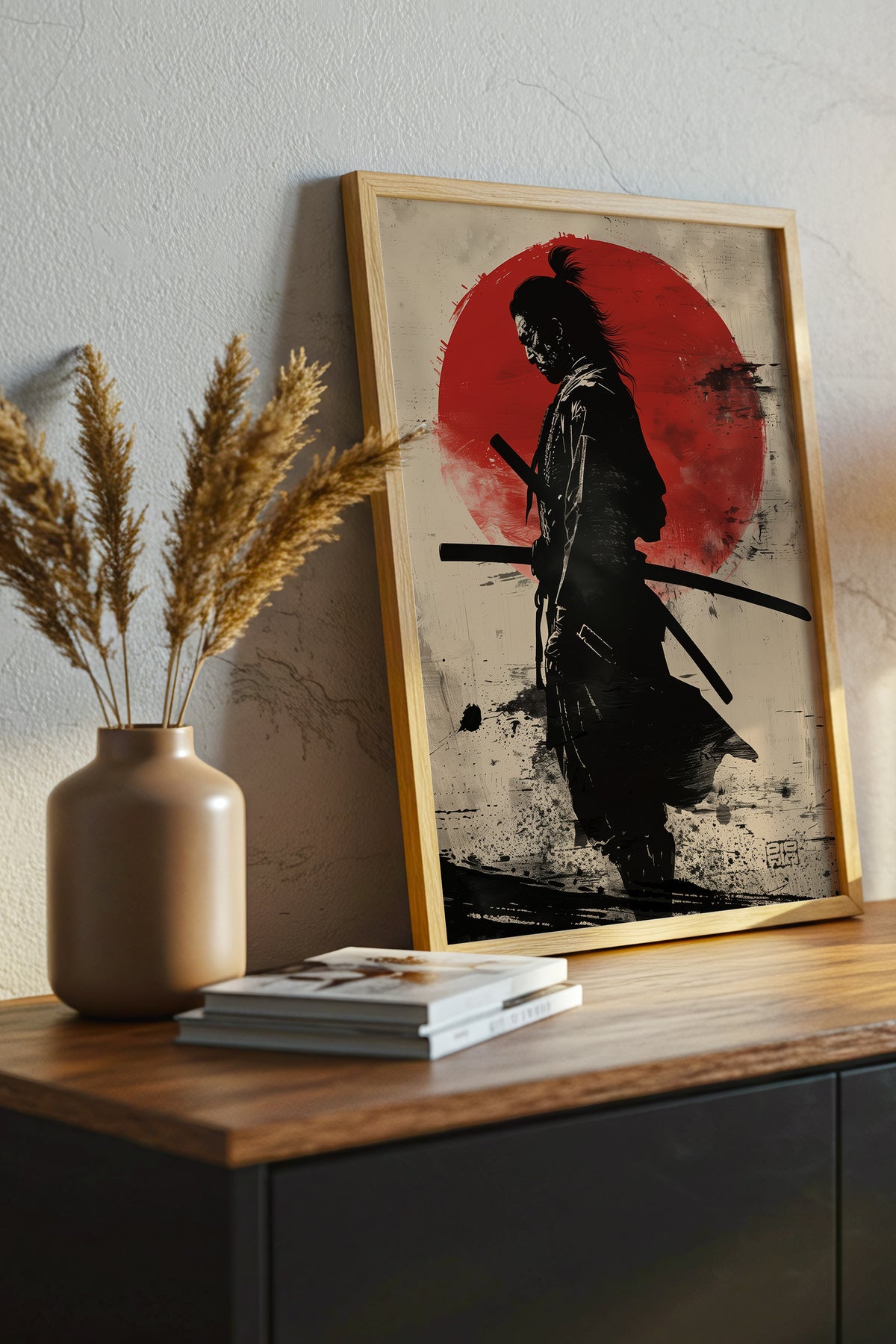 Red Sun Samurai Art Print - Vintage Sumi Ink Poster | Samurai Legacy