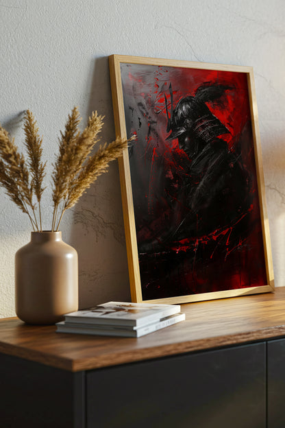 Crimson Samurai Helmet Profile Print - Dark Impasto Art | Samurai Legacy