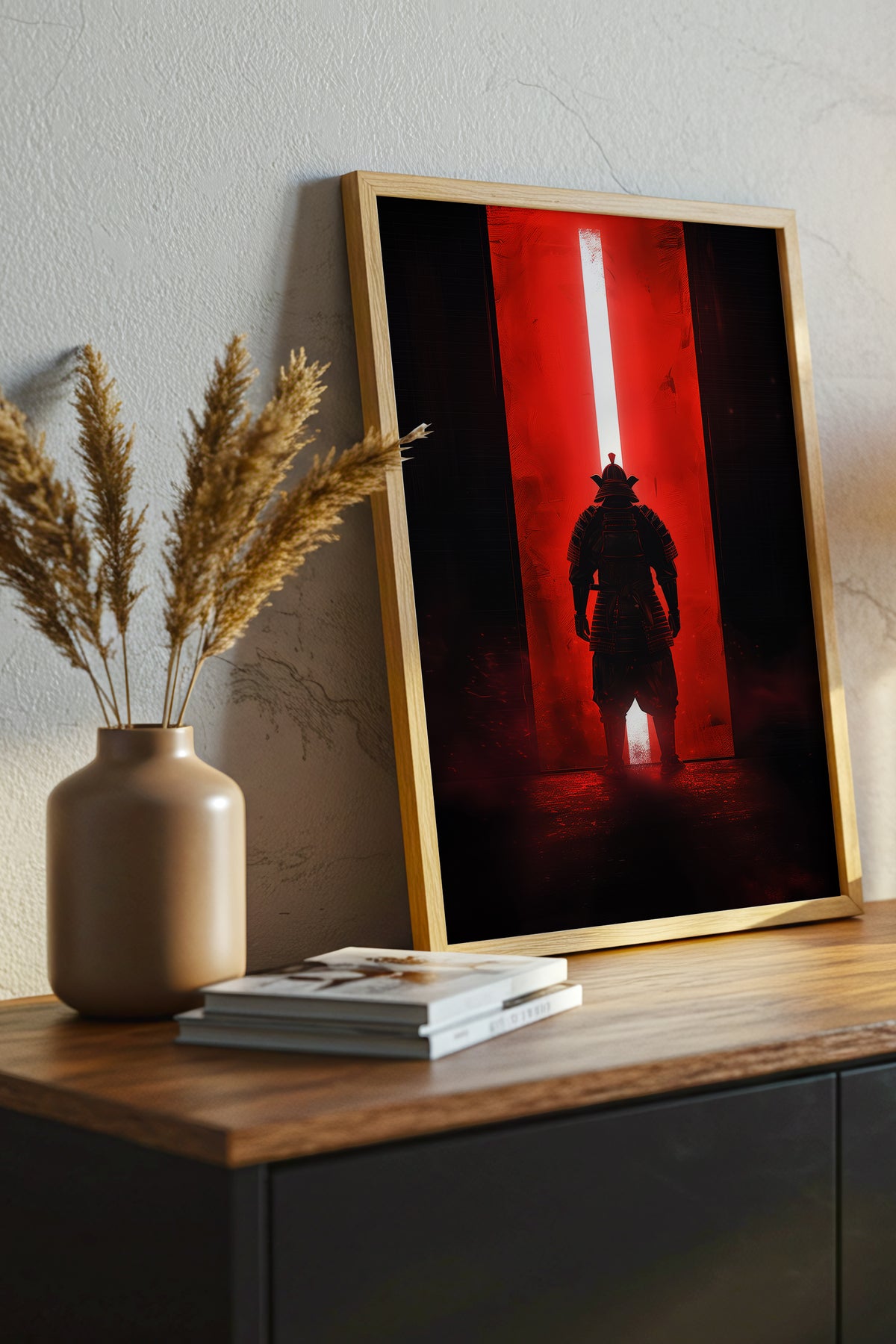 Red Portal Samurai Armor Print - Minimal Light Beam Art | Samurai Legacy