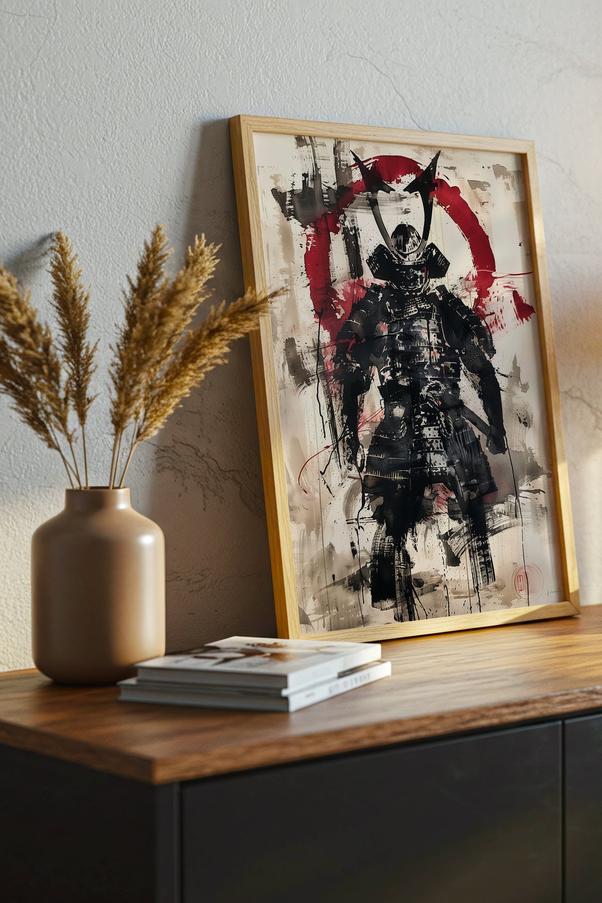 Red Enso Samurai Armor Print - Sumi Ink Wash Poster | Samurai Legacy