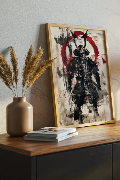 Red Enso Samurai Armor Print - Sumi Ink Wash Poster | Samurai Legacy