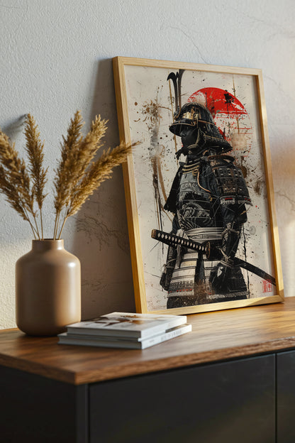 Red Sun Samurai Armor Print - Gold Splatter Wash Art | Samurai Legacy