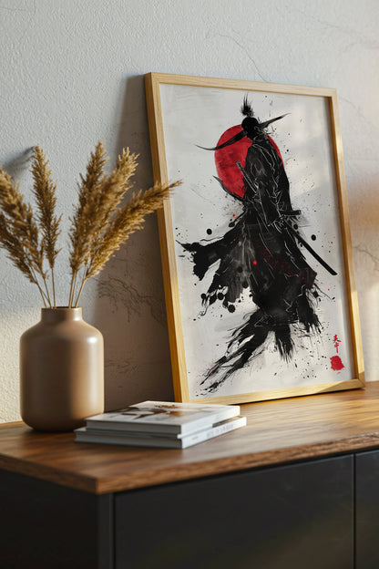 Crimson Sun Samurai Print - Dynamic Sumi Ink Poster | Samurai Legacy