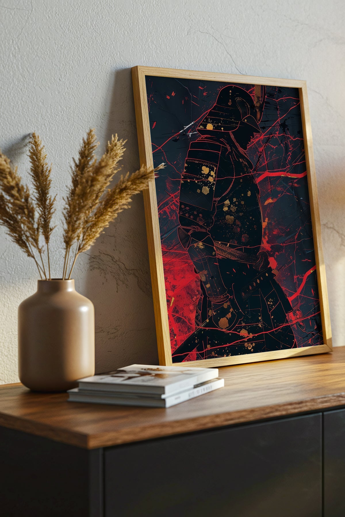 Crimson Line Samurai Armor Poster - Abstract Gold Print | Samurai Legacy