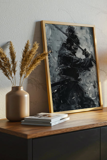 Monochromatic Katana Samurai Poster - Impasto Art Print | Samurai Legacy